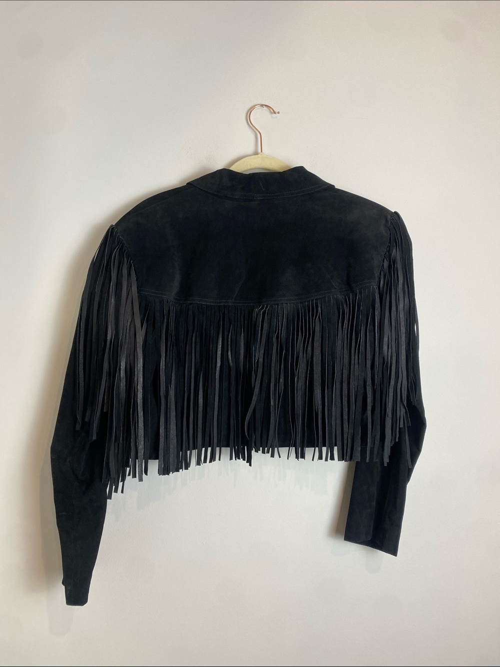 Vintage Cedars Black Fringe Suede Leather Cropped Cowgirl Collared Coat Size M - Picture 5 of 7